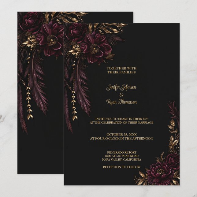 Convite de casamento gótico floral Borgonha (Frente/Verso)
