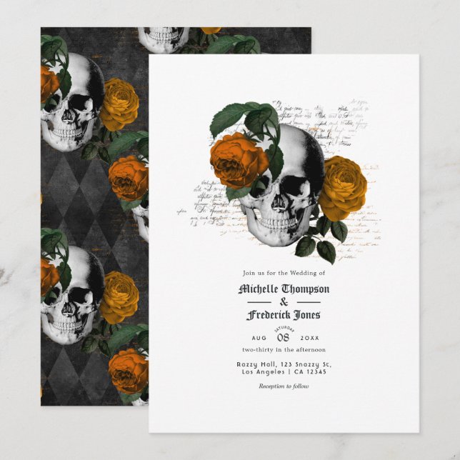 Convite de casamento gótico floral laranja com cav (Frente/Verso)