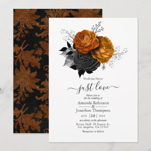 Convite de casamento gótico floral preto e laranja