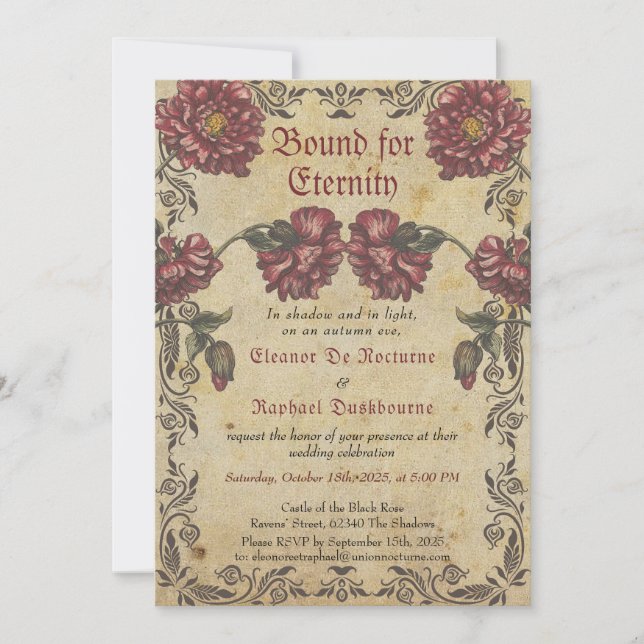 Convite de Casamento Gótico - Flores Escuras Vinta (Frente)
