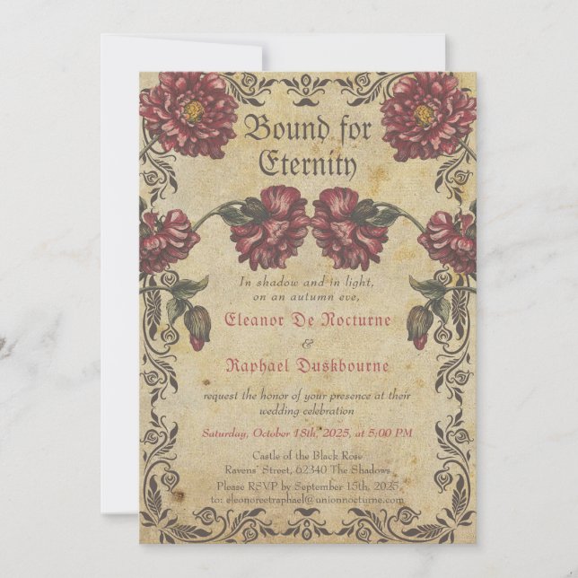 Convite de Casamento Gótico - Flores Escuras Vinta (Frente)