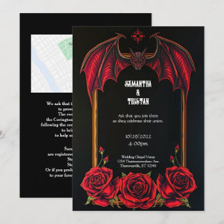Convite de Casamento Gótico Morcego Vermelho e Ros