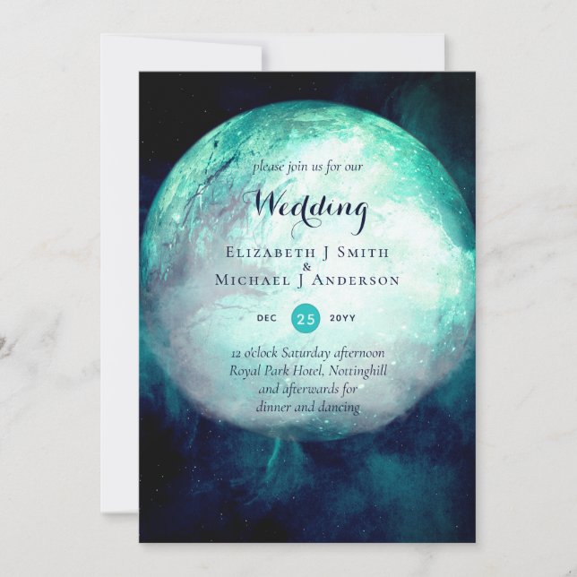 Convite de casamento Gótico Pagan Teal Moon (Frente)