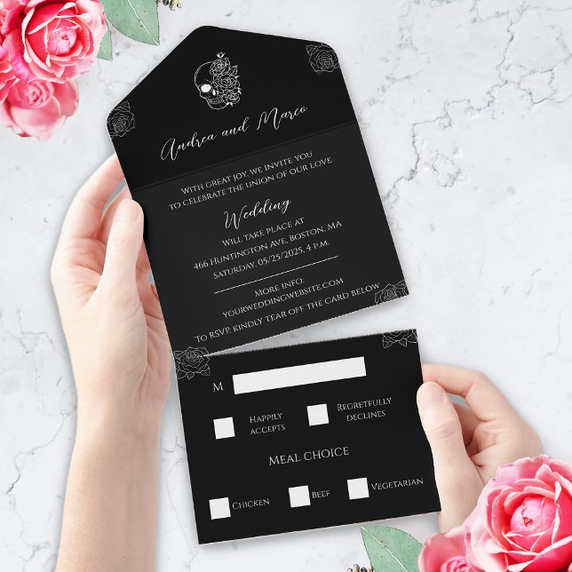 Convite de casamento Gótico Preto e Branco com Trê (Black and white tattoo gothic wedding invitation tri fold)