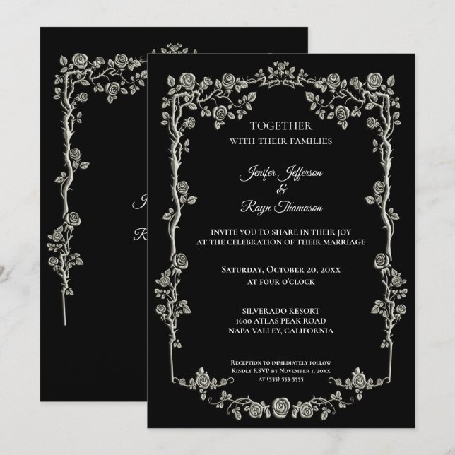 Convite de casamento gótico preto e branco elegant (Frente/Verso)