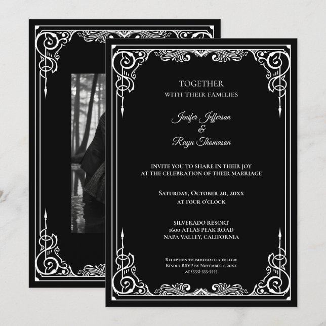 Convite de casamento gótico preto e branco elegant (Frente/Verso)