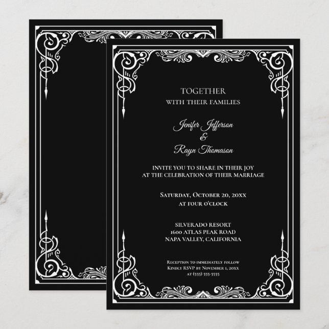 Convite de casamento gótico preto e branco elegant (Frente/Verso)
