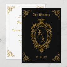 Convite de casamento gótico preto e dourado clássi