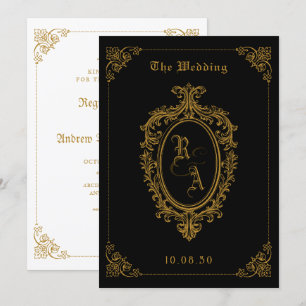 Convite de casamento gótico preto e dourado clássi
