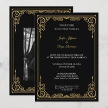 Convite de casamento gótico preto e dourado elegan