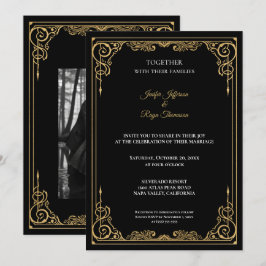Convite de casamento gótico preto e dourado elegan