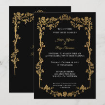 Convite de casamento gótico preto e dourado elegan