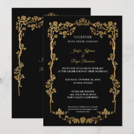 Convite de casamento gótico preto e dourado elegan