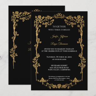 Convite de casamento gótico preto e dourado elegan