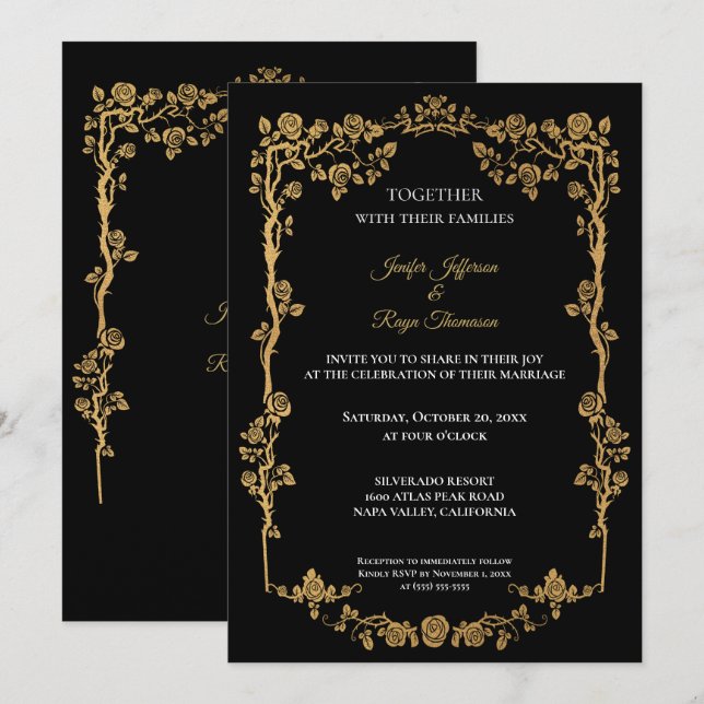 Convite de casamento gótico preto e dourado elegan (Frente/Verso)