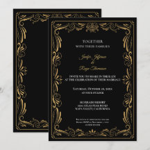 Convite de casamento gótico preto e dourado elegan