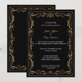 Convite de casamento gótico preto e dourado elegan
