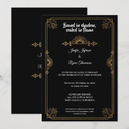 Convite de casamento gótico preto e dourado elegan