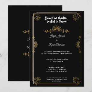 Convite de casamento gótico preto e dourado elegan