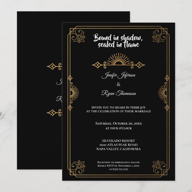 Convite de casamento gótico preto e dourado elegan (Frente/Verso)