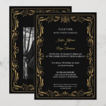 Convite de casamento gótico preto e dourado elegan