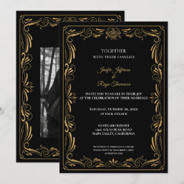 Convite de casamento gótico preto e dourado elegan