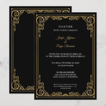 Convite de casamento gótico preto e dourado elegan
