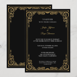 Convite de casamento gótico preto e dourado elegan