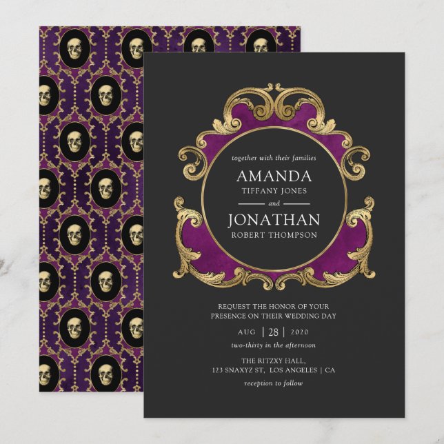 Convite de Casamento Gótico Roxo, Preto e Dourado (Frente/Verso)