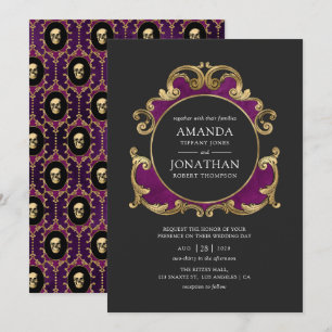 Convite de Casamento Gótico Roxo, Preto e Dourado