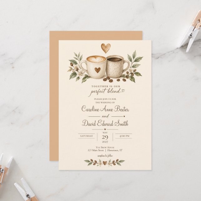 Convite de Casamento Grãos de Café Canecas Coraçõe (Frente/Verso In Situ)