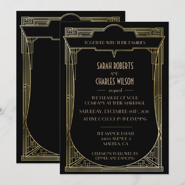 Convite de Casamento Great Gatsby Art Déco (Frente/Verso)