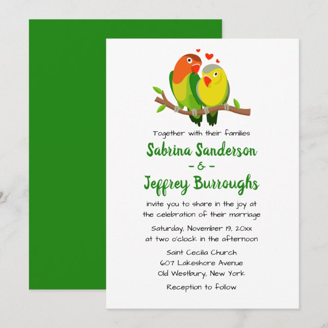 Convite de Casamento Green Lovebirds - Pássaro do  (Frente/Verso)