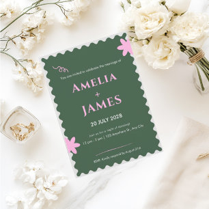 Convite de casamento Green Pink Doodle