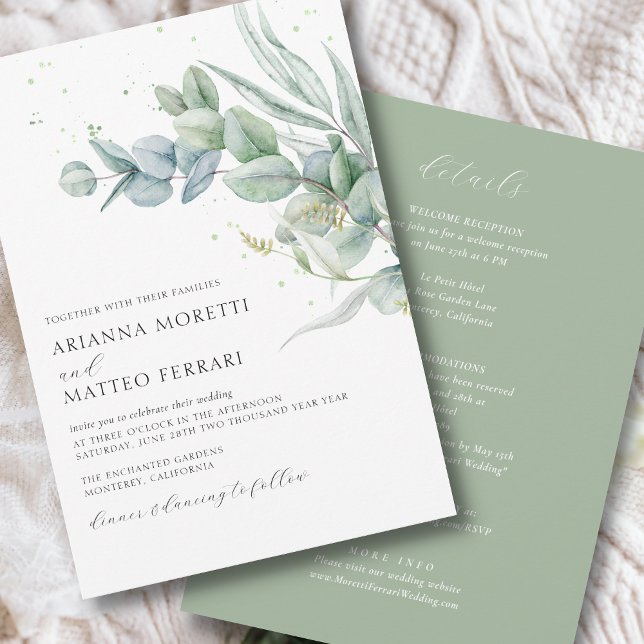 Convite de casamento Greenery de Sage Botânico com (Modern  wedding invitation with elegant eucalyptus greenery including details and RSVP on back)