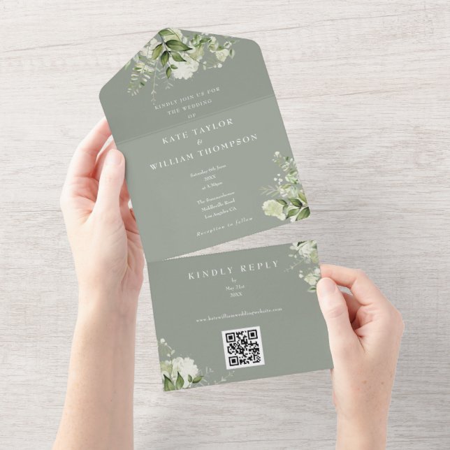 Convite de casamento Greenery Floral QR Code Verde (Tearaway)