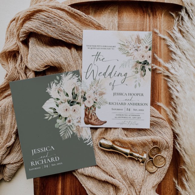 Convite de Casamento Greenery Western Boho (Greenery Western Boho Wedding Invitation Card (Front and Back))