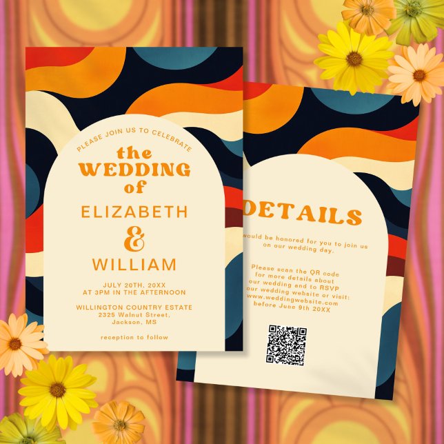 Convite de Casamento Groovy Colorido Retro Ondulad (Groovy Colorful Retro Wavy Boho QR Code Wedding Invitation)