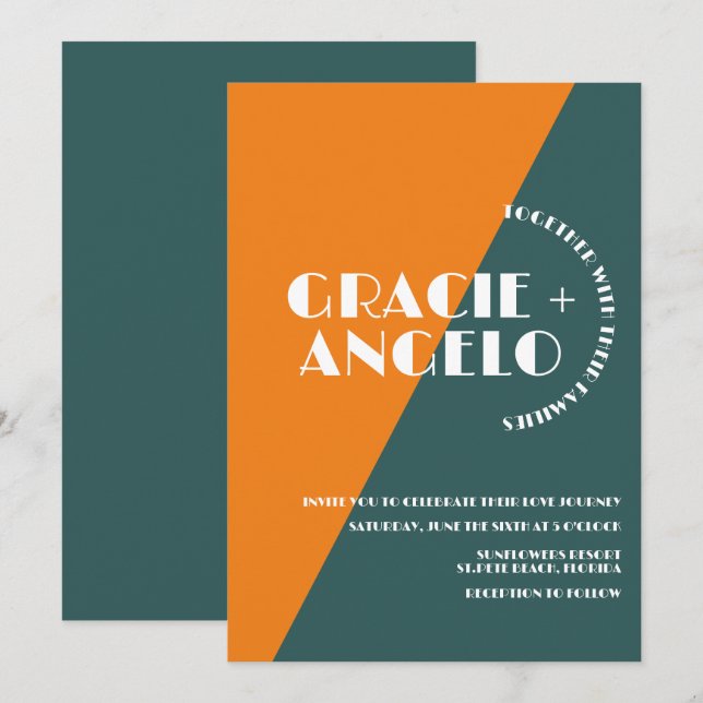 Convite de Casamento Groovy Laranja Verde Dois Ton (Frente/Verso)
