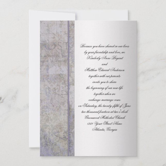 Convite de Casamento Grunge Lavanda e Prata (Frente)