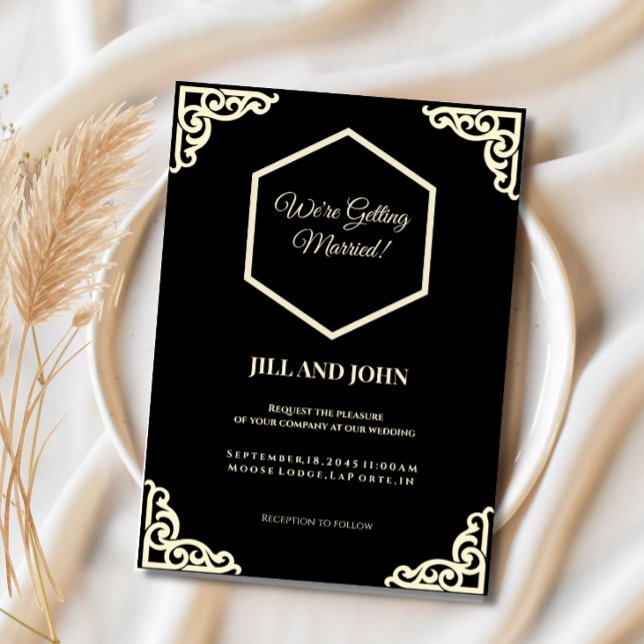 Convite de Casamento Hexágono Preto e Creme  (Criador carregado)