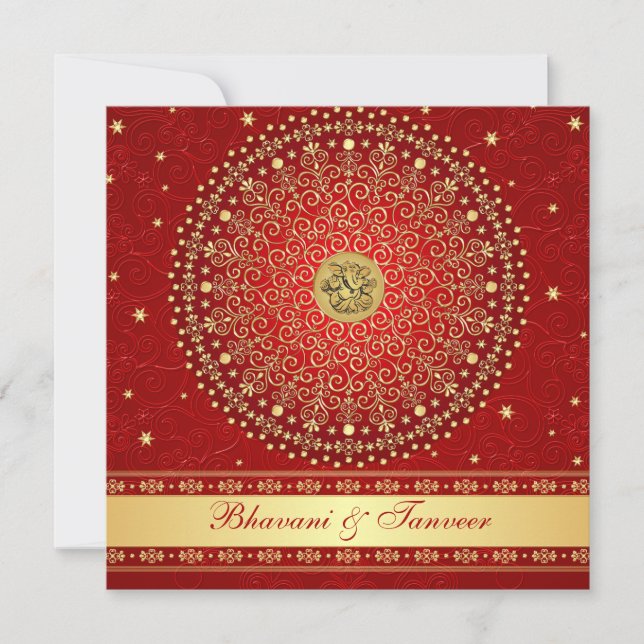 Convite de casamento Hindu Ganesh Red, Dourado (Frente)
