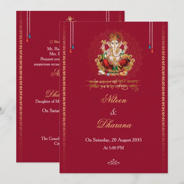 Convite de Casamento Hindu Mandala Ganesh (Frente/Verso)
