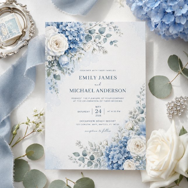 Convite de Casamento Hortênsia Azul (Elegant blue hydrangea invitation styled with timeless coastal wedding details.)