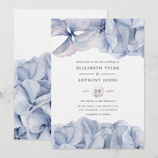 Convite de Casamento Hortênsias Azuis (Frente/Verso)