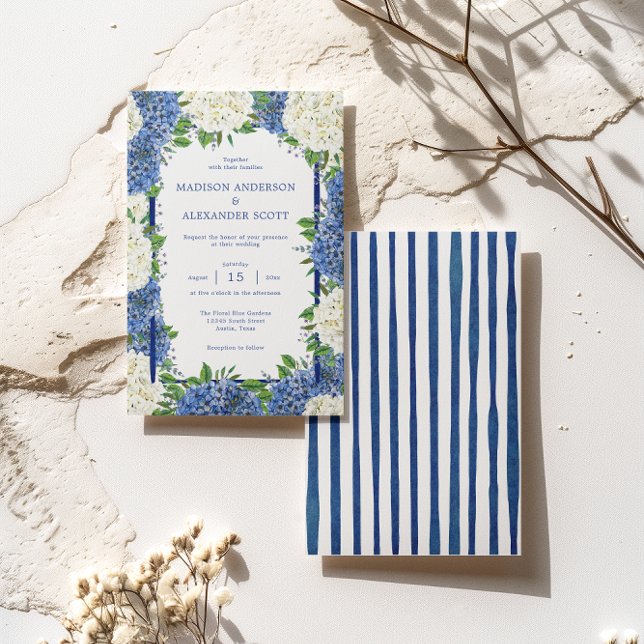 Convite de Casamento Hortênsias Brancas com Listra (Front / Back)