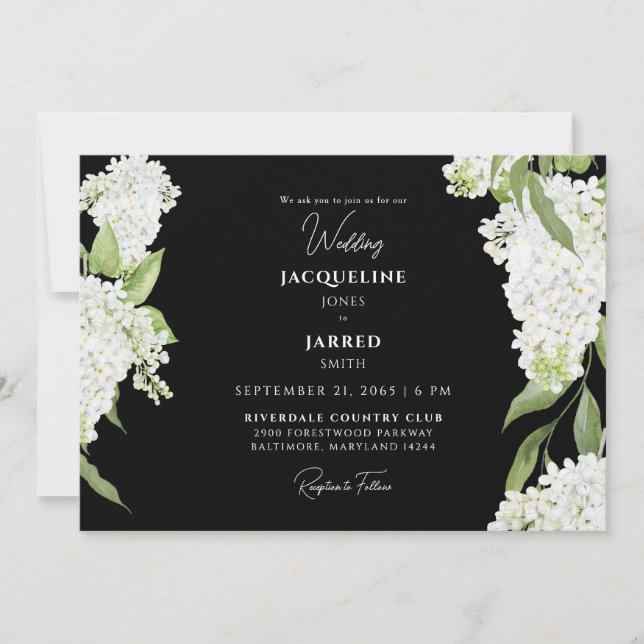 Convite de Casamento Hortênsias Preto e Branco (Frente)