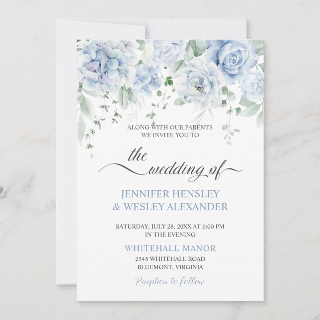 Convite de Casamento Hortênsias Rosas Azul Pálido (Frente)