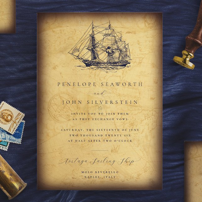 Convite de Casamento Ilustração de Navio Mapa Vint (Nautical Vintage Map Ship Illustration Wedding Invitation)