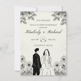 Convite de Casamento Ilustração Simples Bege Preto